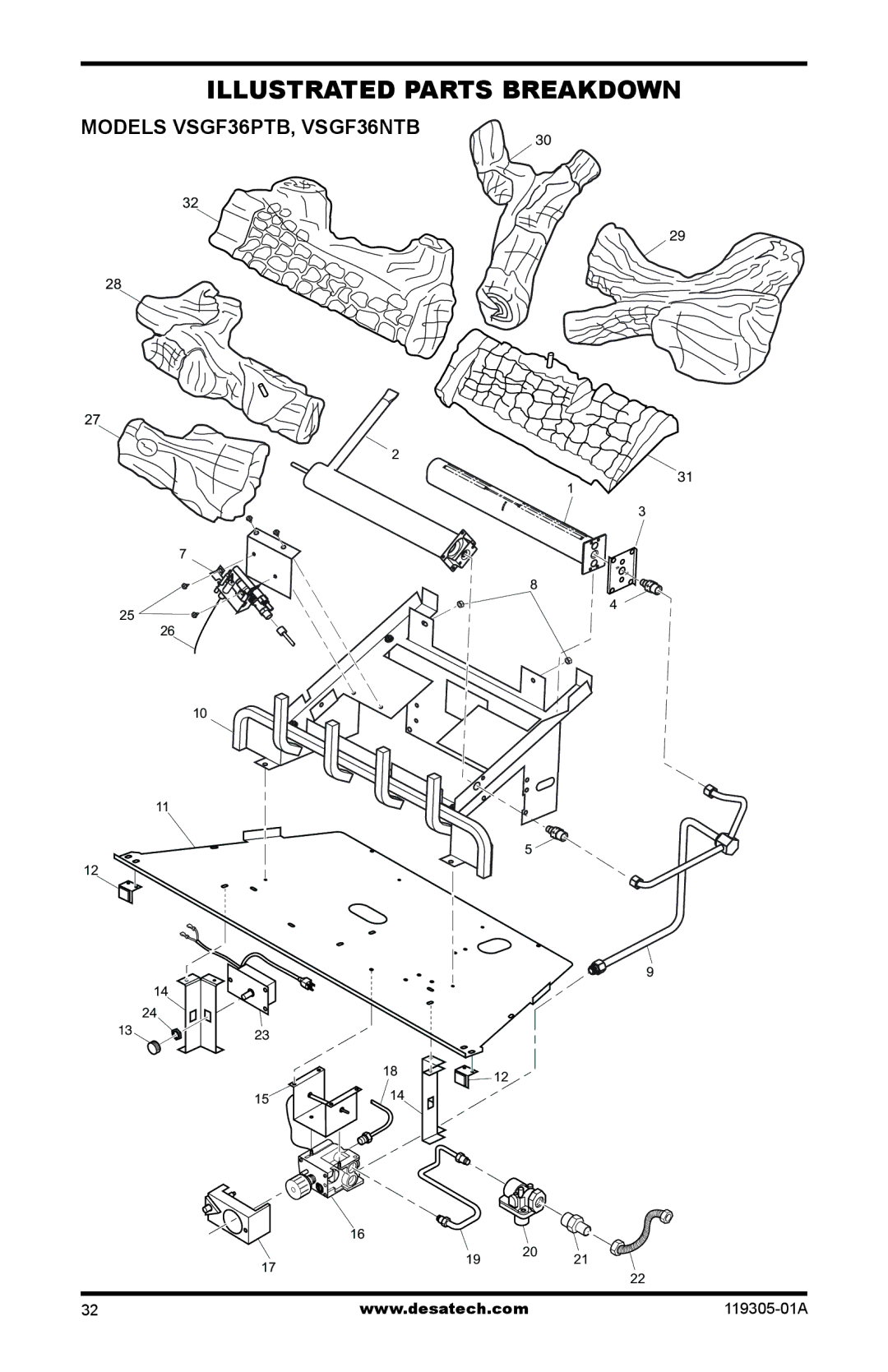 Desa VSGF36NRB, VSGF36PRB installation manual Illustrated Parts Breakdown, Models VSGF36PTB, VSGF36NTB 