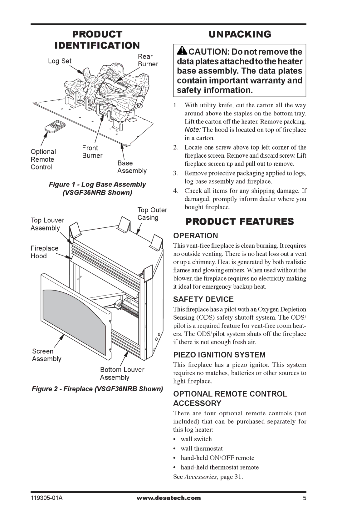 Desa VSGF36NTB, VSGF36PTB, VSGF36NRB, VSGF36PRB installation manual Product Identification, Unpacking, Product Features 