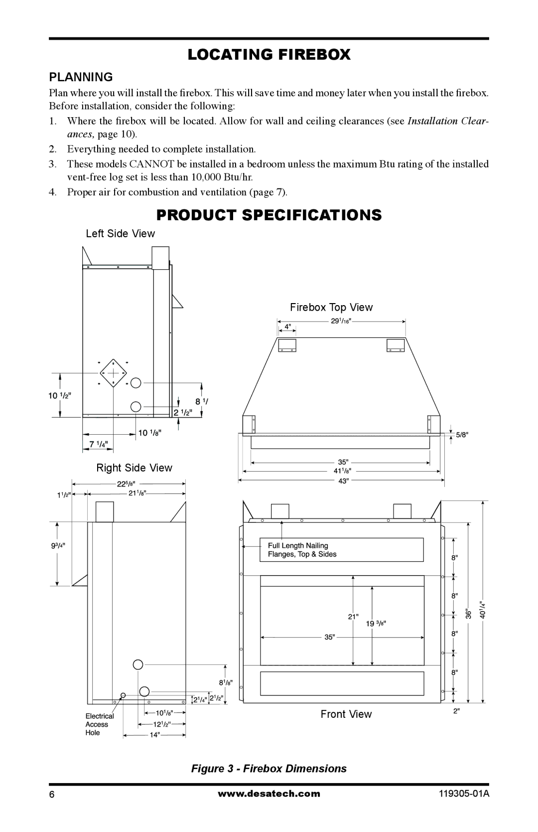 Desa VSGF36NRB, VSGF36PTB, VSGF36NTB, VSGF36PRB installation manual Locating Firebox, Product Specifications, Planning 