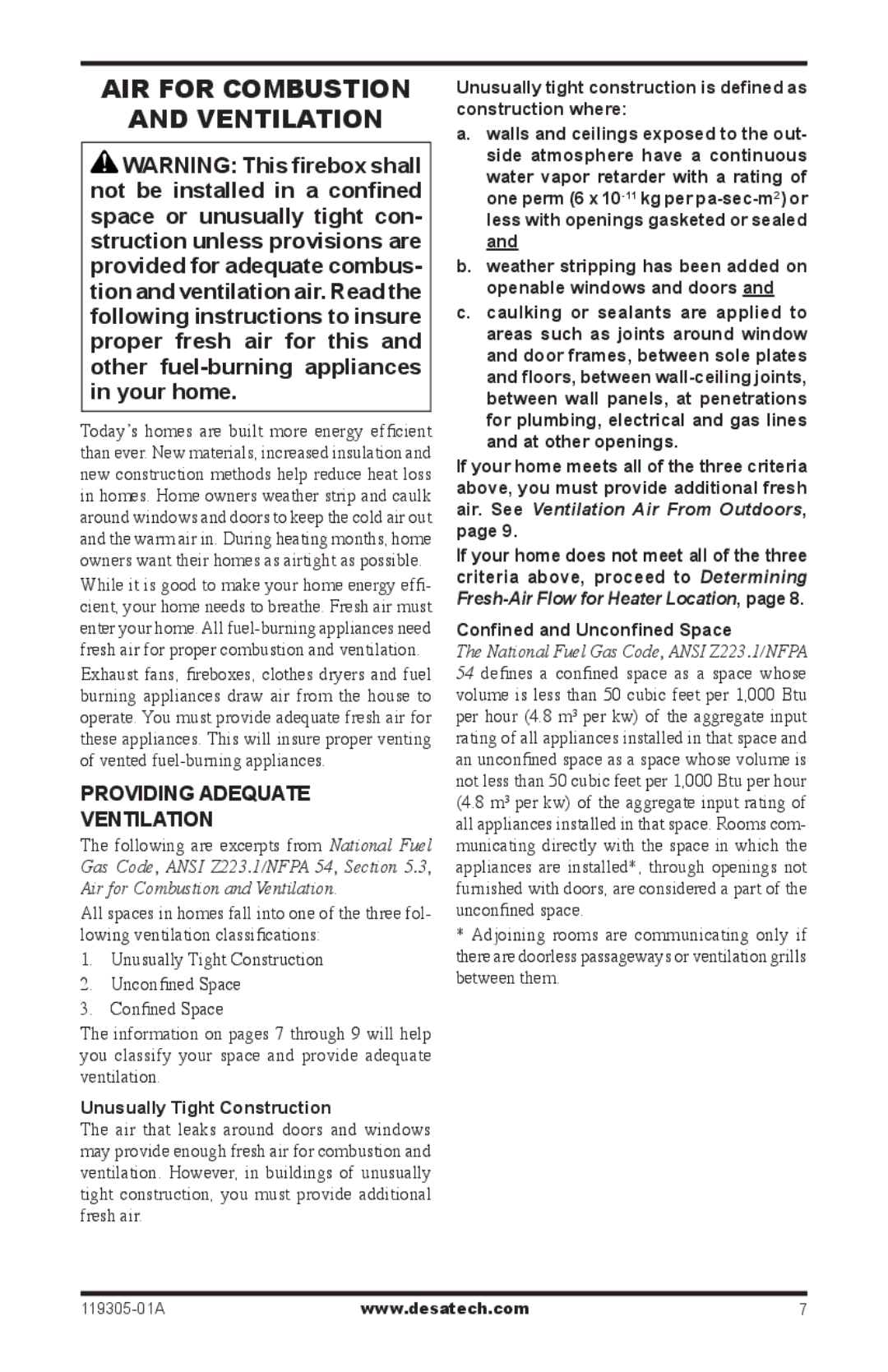 Desa VSGF36PRB, VSGF36PTB Air For Combustion Ventilation, Providing Adequate Ventilation, Unusually Tight Construction 