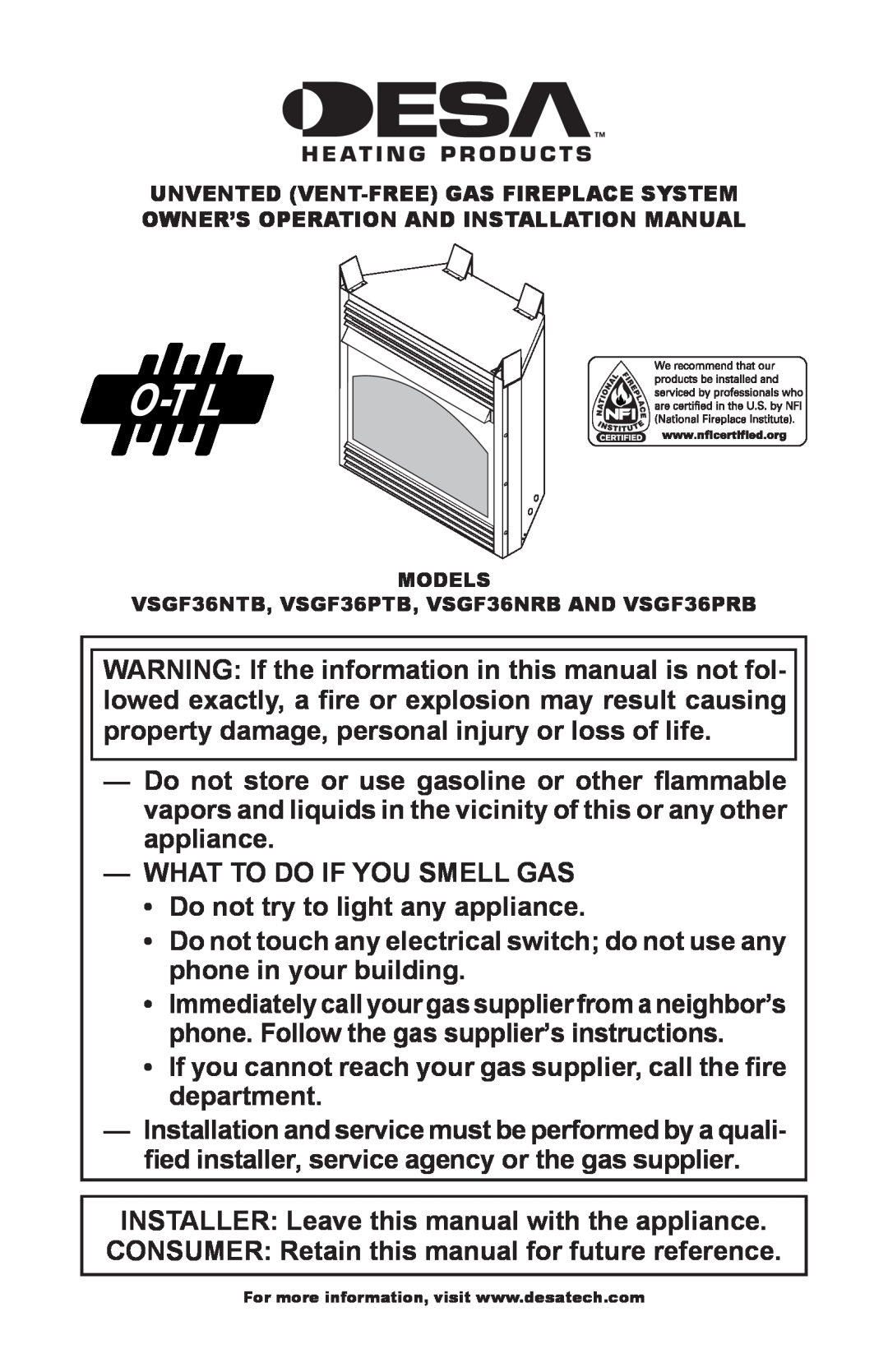 Desa VSGF36NTB, VSGF36PTB, VSGF36NRB, VSGF36PRB installation manual What To Do If You Smell Gas 