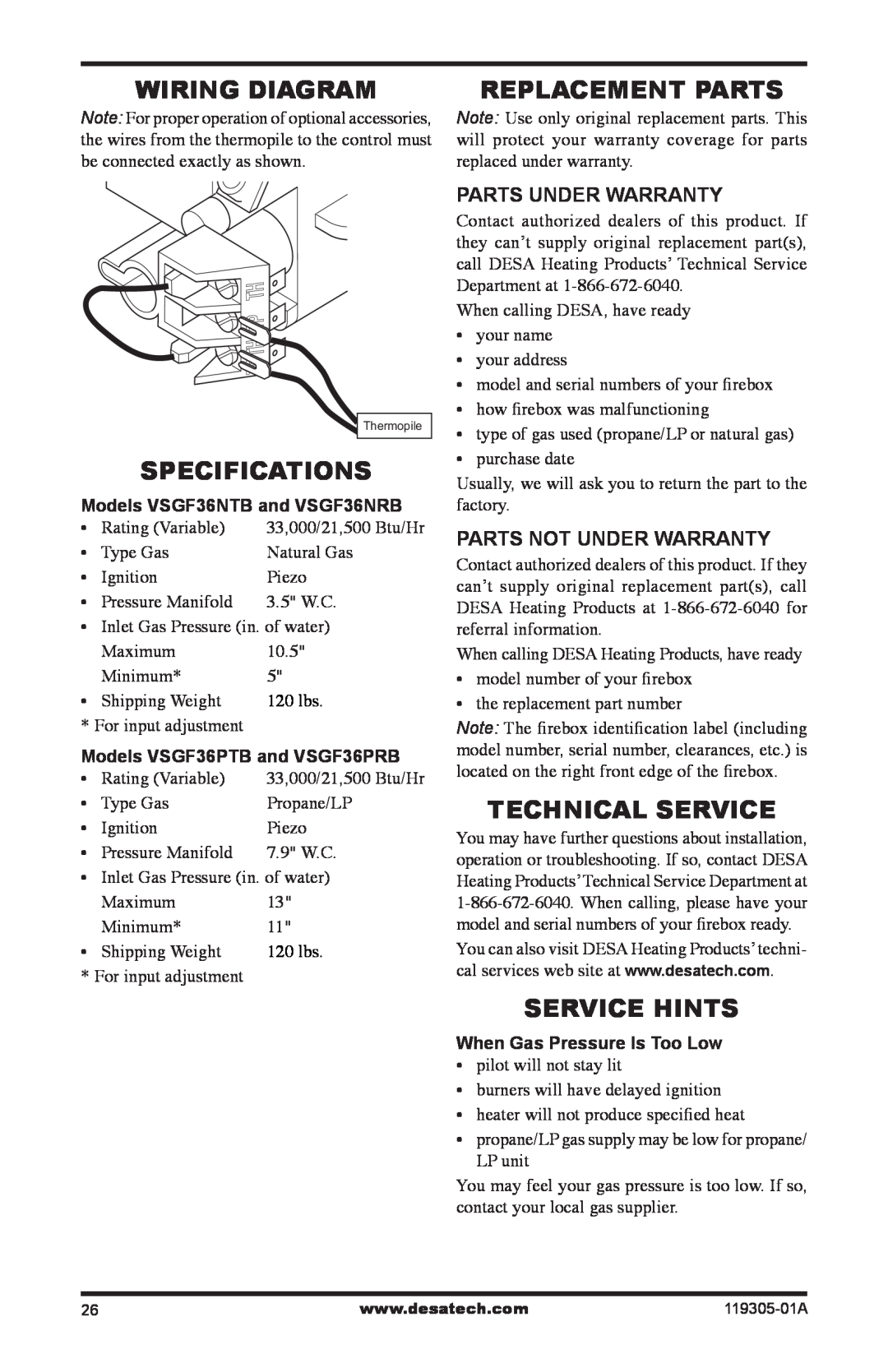 Desa VSGF36NRB Wiring Diagram, Replacement Parts, Specifications, Technical Service, Service Hints, Parts Under Warranty 
