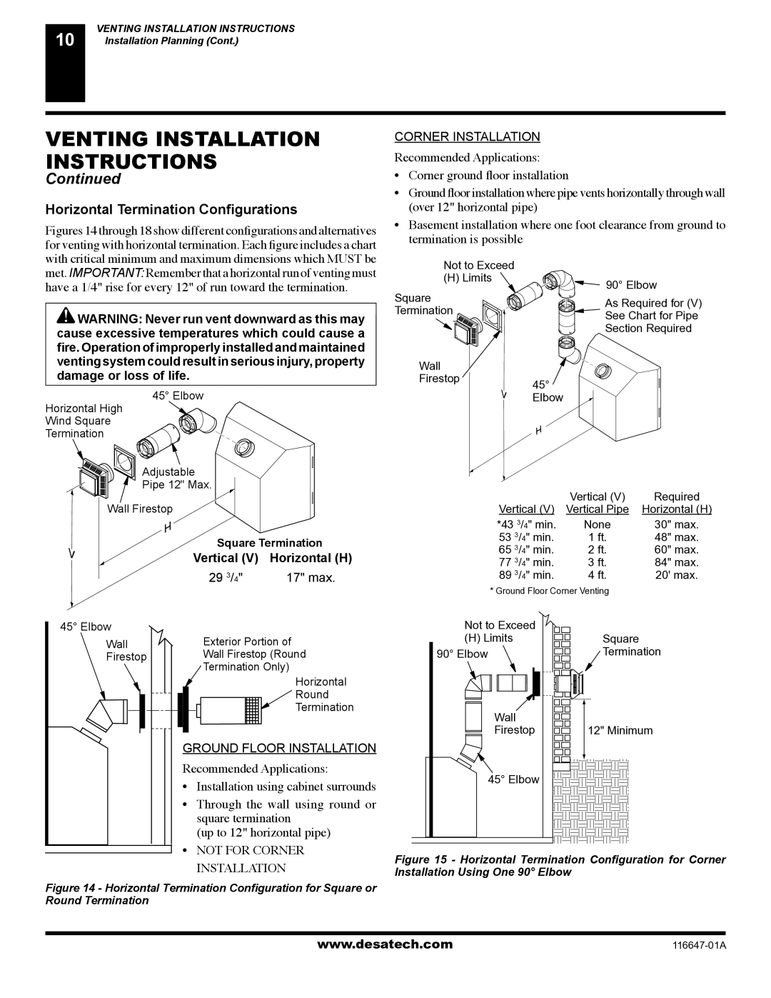 Desa (V)T32EN-A Series, (V)T32EP-A Series Venting Installation, Instructions, Horizontal Termination Conﬁgurations, 17 max 