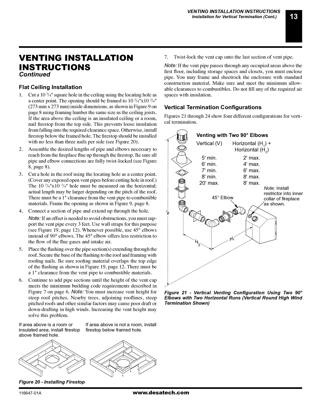 Desa (V)T32EN-A Series, (V)T32EP-A Series installation manual Flat Ceiling Installation, Vertical Termination Conﬁgurations 