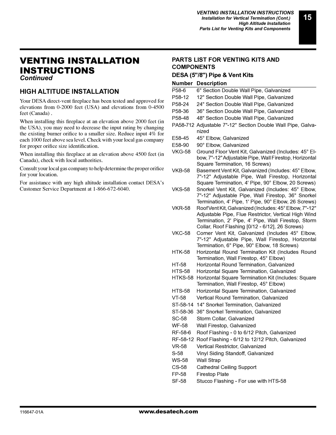 Desa (V)T32EN-A Series, (V)T32EP-A Series High Altitude Installation, Desa 5/8 Pipe & Vent Kits, Number Description 