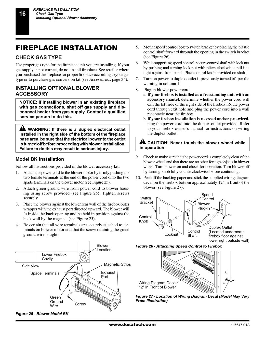 Desa (V)T32EN-A Series, (V)T32EP-A Series Fireplace Installation Check GAS Type, Installing Optional Blower Accessory 