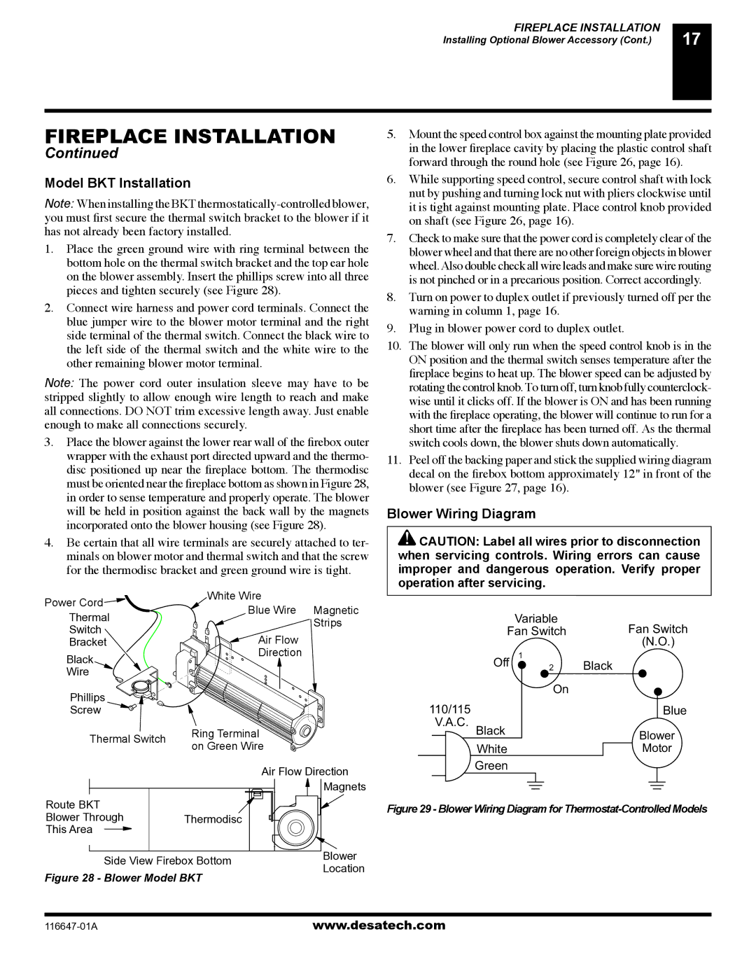 Desa (V)T32EN-A Series, (V)T32EP-A Series Fireplace Installation, Model BKT Installation, Blower Wiring Diagram 