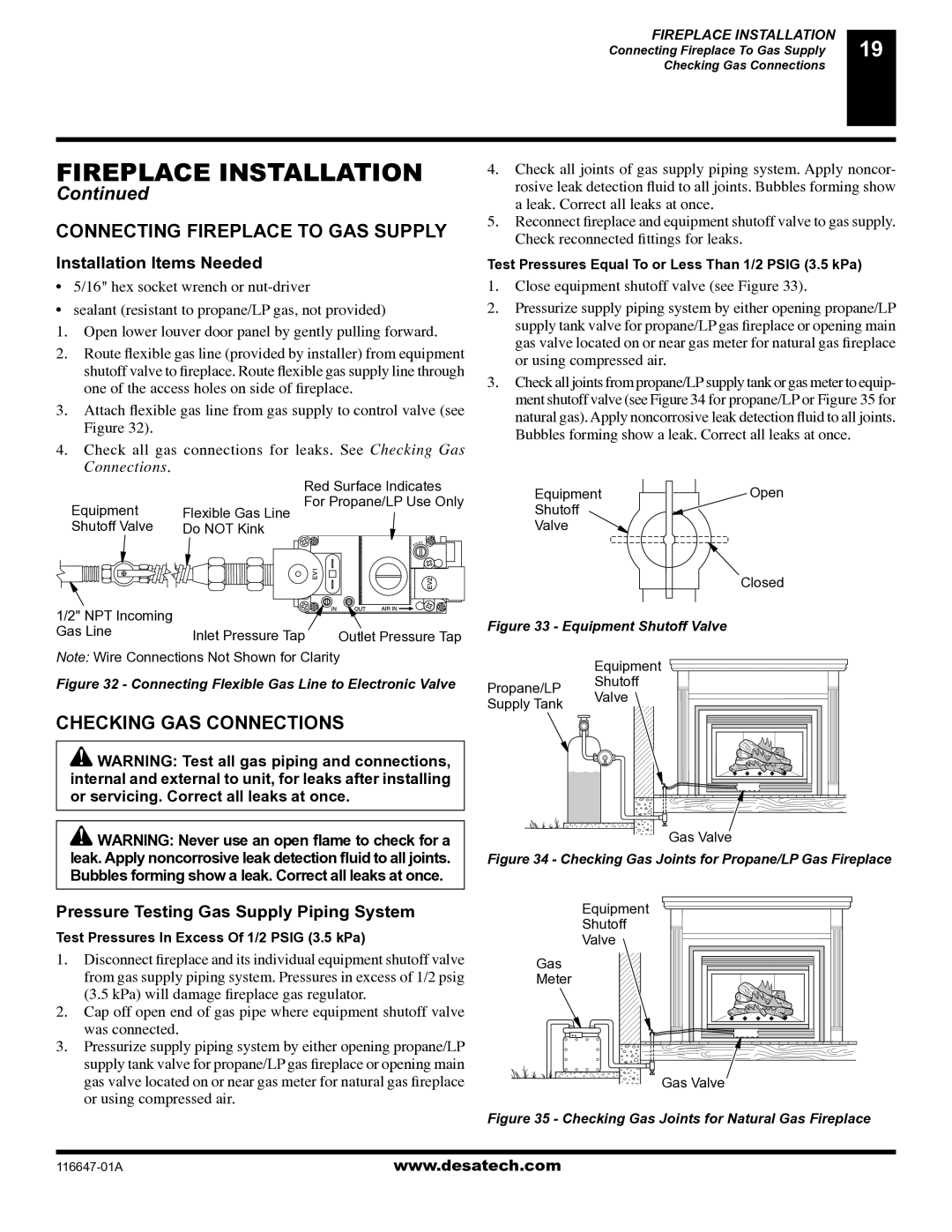 Desa (V)T32EN-A Series, (V)T32EP-A Series installation manual Connecting Fireplace to GAS Supply, Checking GAS Connections 