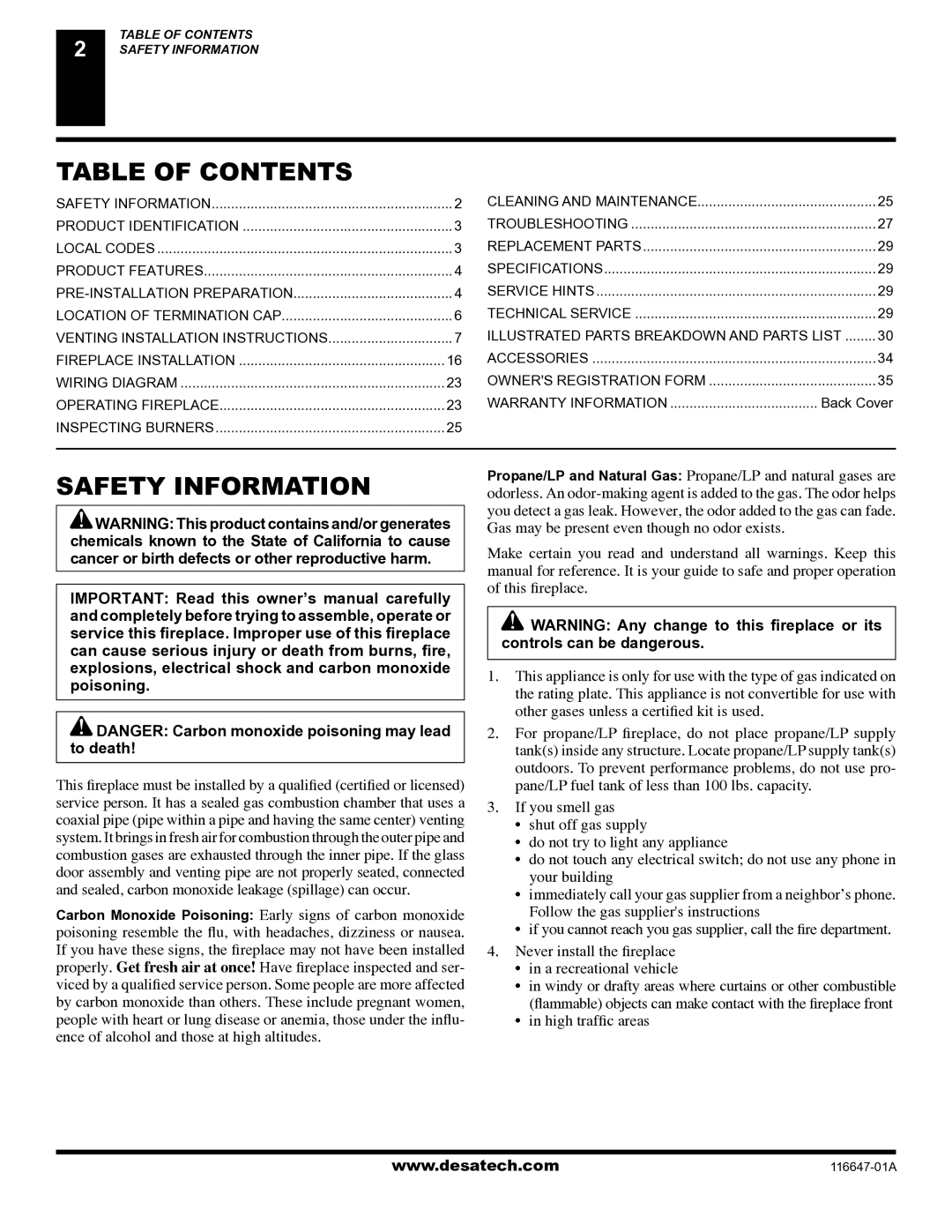 Desa (V)T32EN-A Series, (V)T32EP-A Series installation manual Table of Contents, Safety Information 