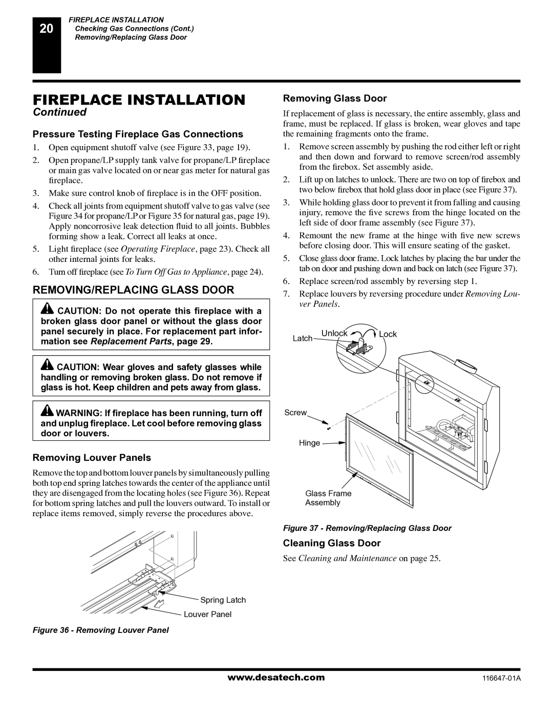 Desa (V)T32EN-A Series, (V)T32EP-A Series REMOVING/REPLACING Glass Door, Pressure Testing Fireplace Gas Connections 