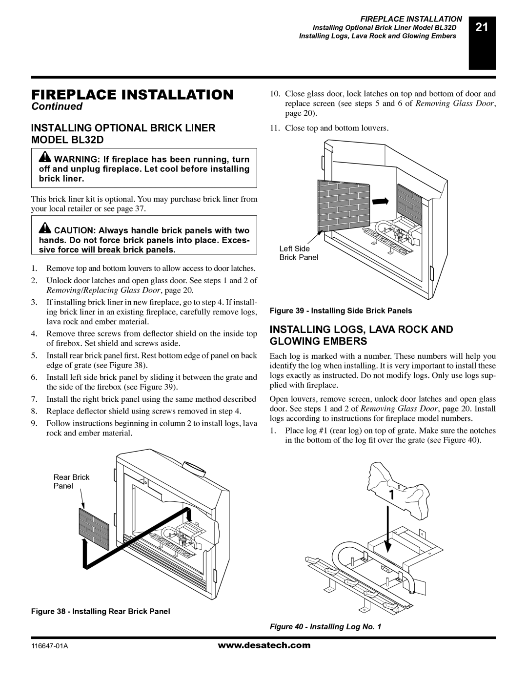 Desa (V)T32EN-A Series, (V)T32EP-A Series installation manual Installing Optional Brick Liner Model BL32D 