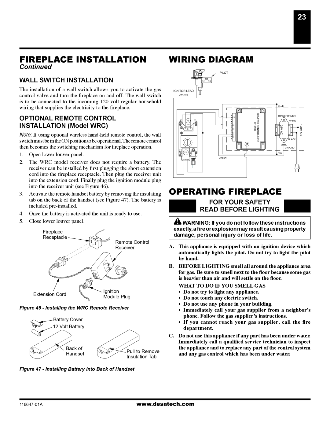 Desa (V)T32EN-A Series, (V)T32EP-A Series installation manual Wiring Diagram, Operating Fireplace, Wall Switch Installation 