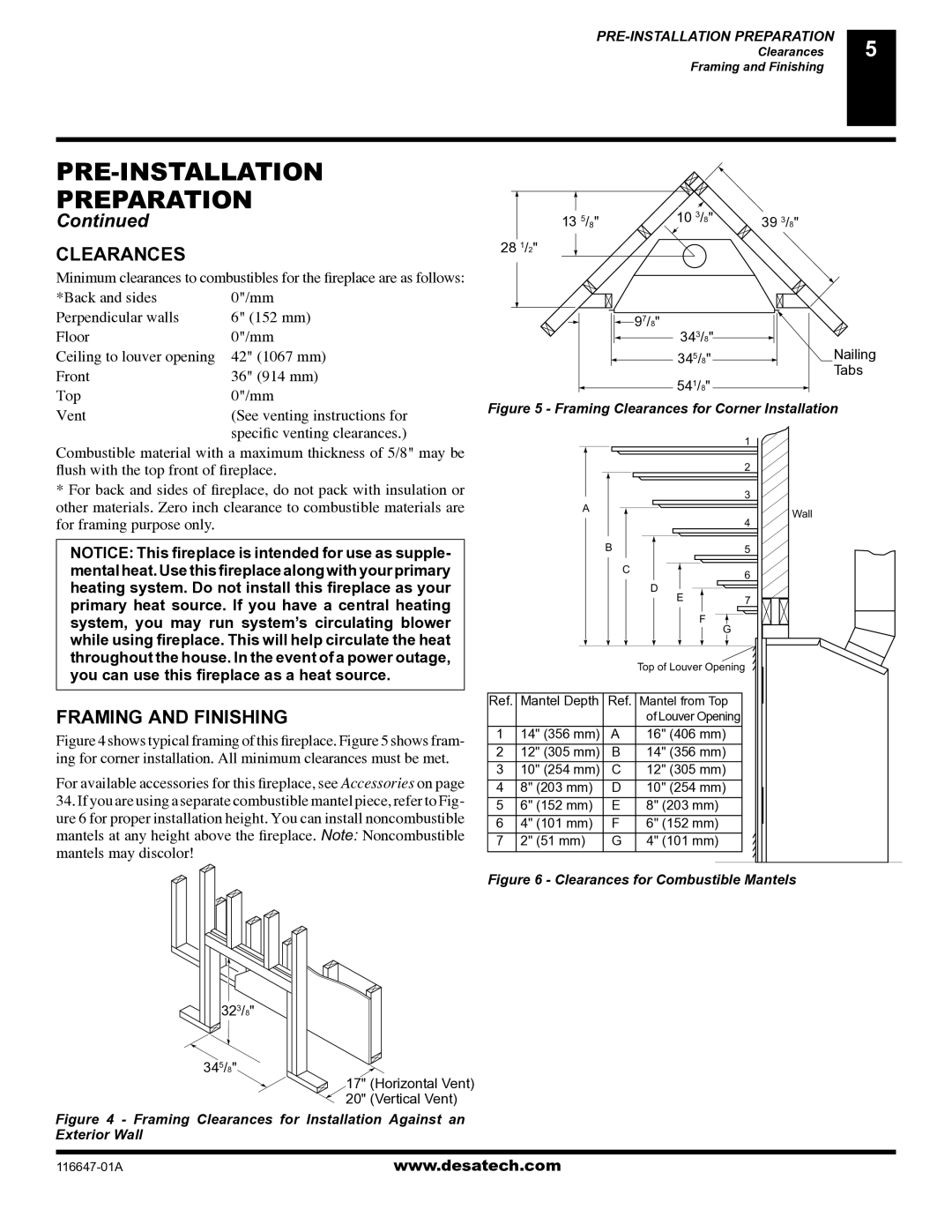 Desa (V)T32EN-A Series, (V)T32EP-A Series installation manual Clearances, Framing and Finishing, Front 36 914 mm Top, Vent 