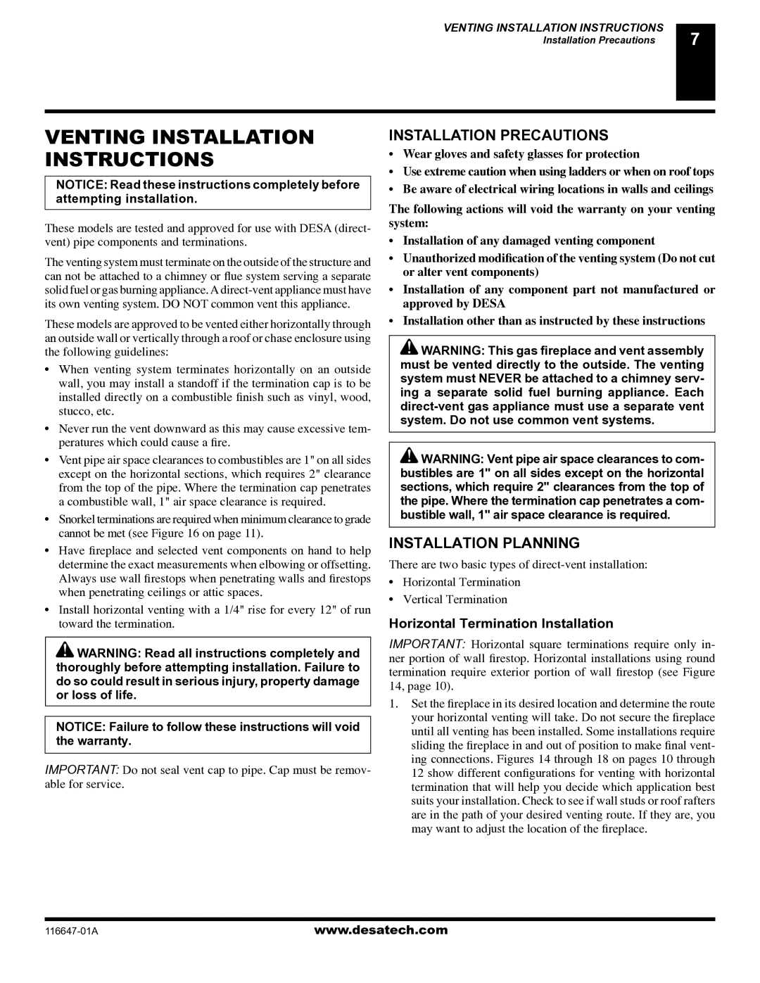 Desa (V)T32EN-A Series, (V)T32EP-A Series installation manual Venting Installation Instructions, Installation Precautions 