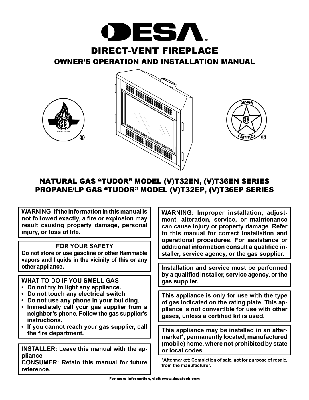 Desa (V)T32EN installation manual For Your Safety, What to do if YOU Smell GAS 