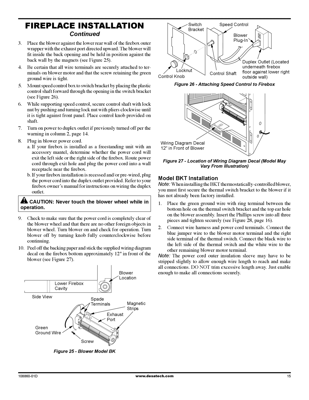 Desa (V)T32EN installation manual Model BKT Installation, Blower Model BK 