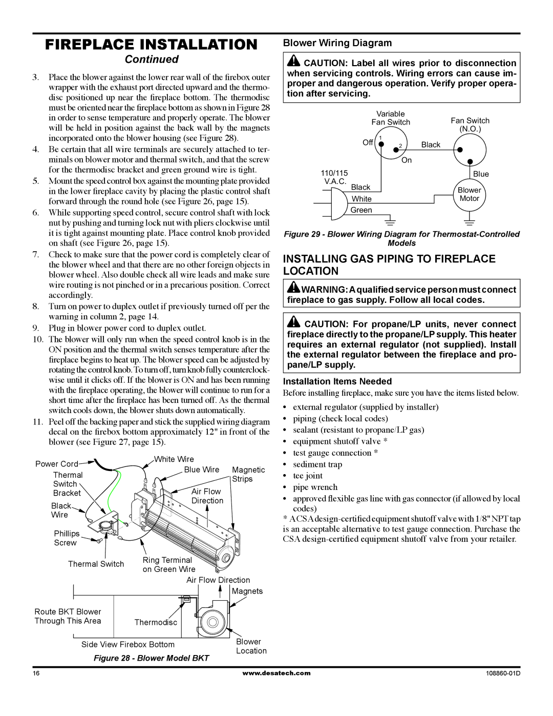 Desa (V)T32EN Installing Gas Piping to Fireplace Location, Blower Wiring Diagram, Installation Items Needed 