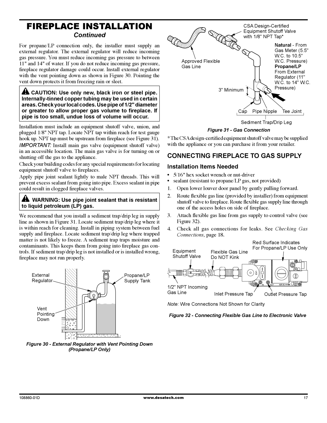 Desa (V)T32EN installation manual Connecting Fireplace to GAS Supply, Installation Items Needed 