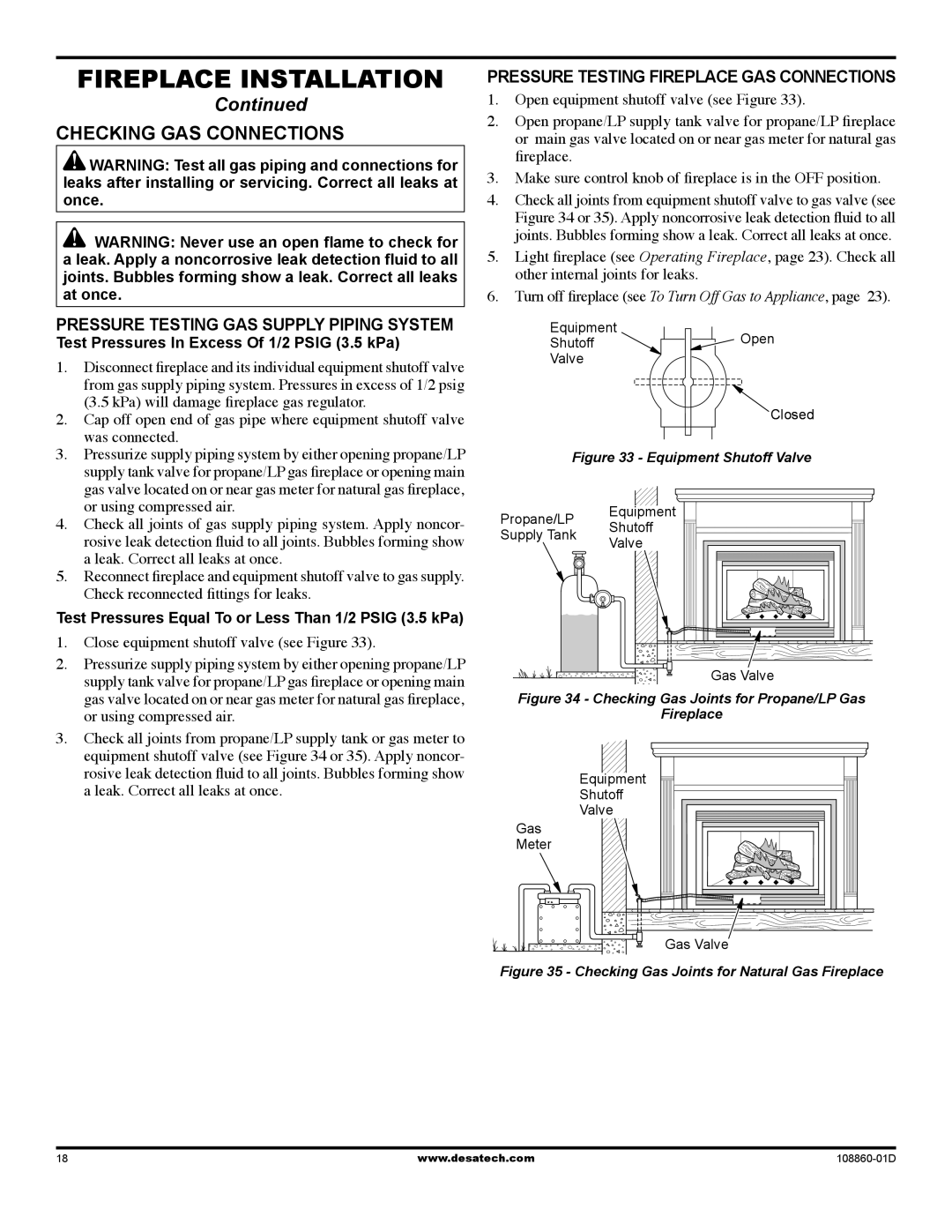 Desa (V)T32EN installation manual Checking GAS Connections, Pressure Testing Gas Supply Piping System 