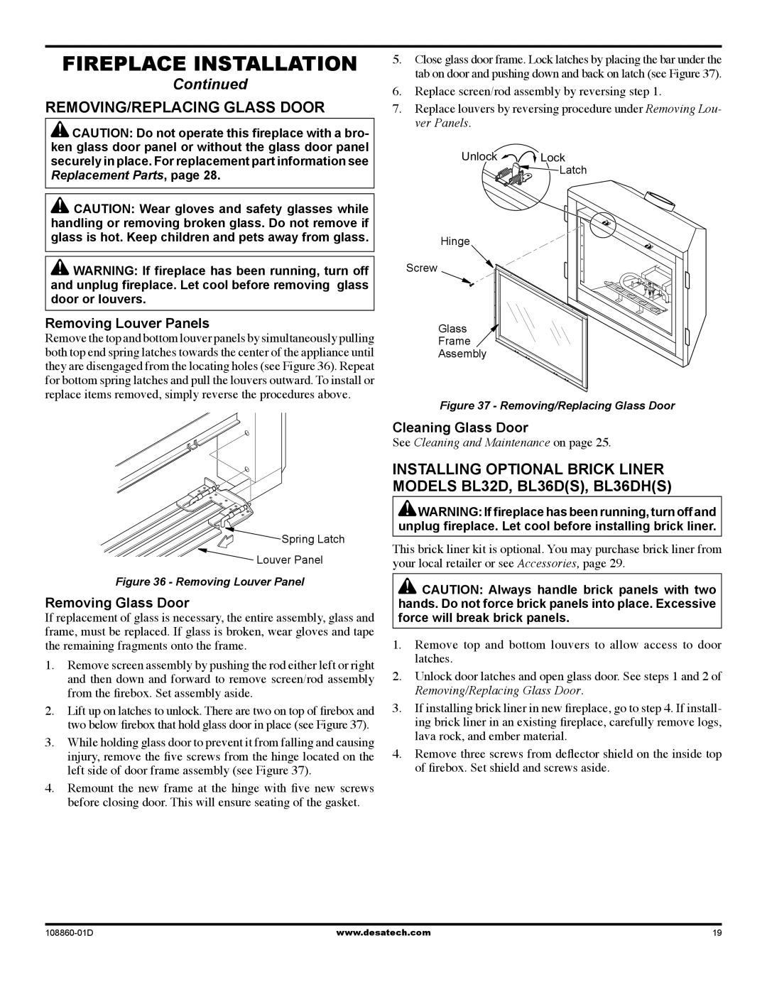 Desa (V)T32EN Removing/Replacing Glass Door, Removing Louver Panels, Removing Glass Door, Cleaning Glass Door 