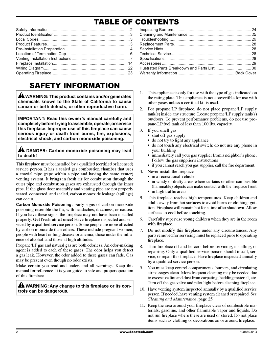 Desa (V)T32EN installation manual Table of Contents, Safety Information 