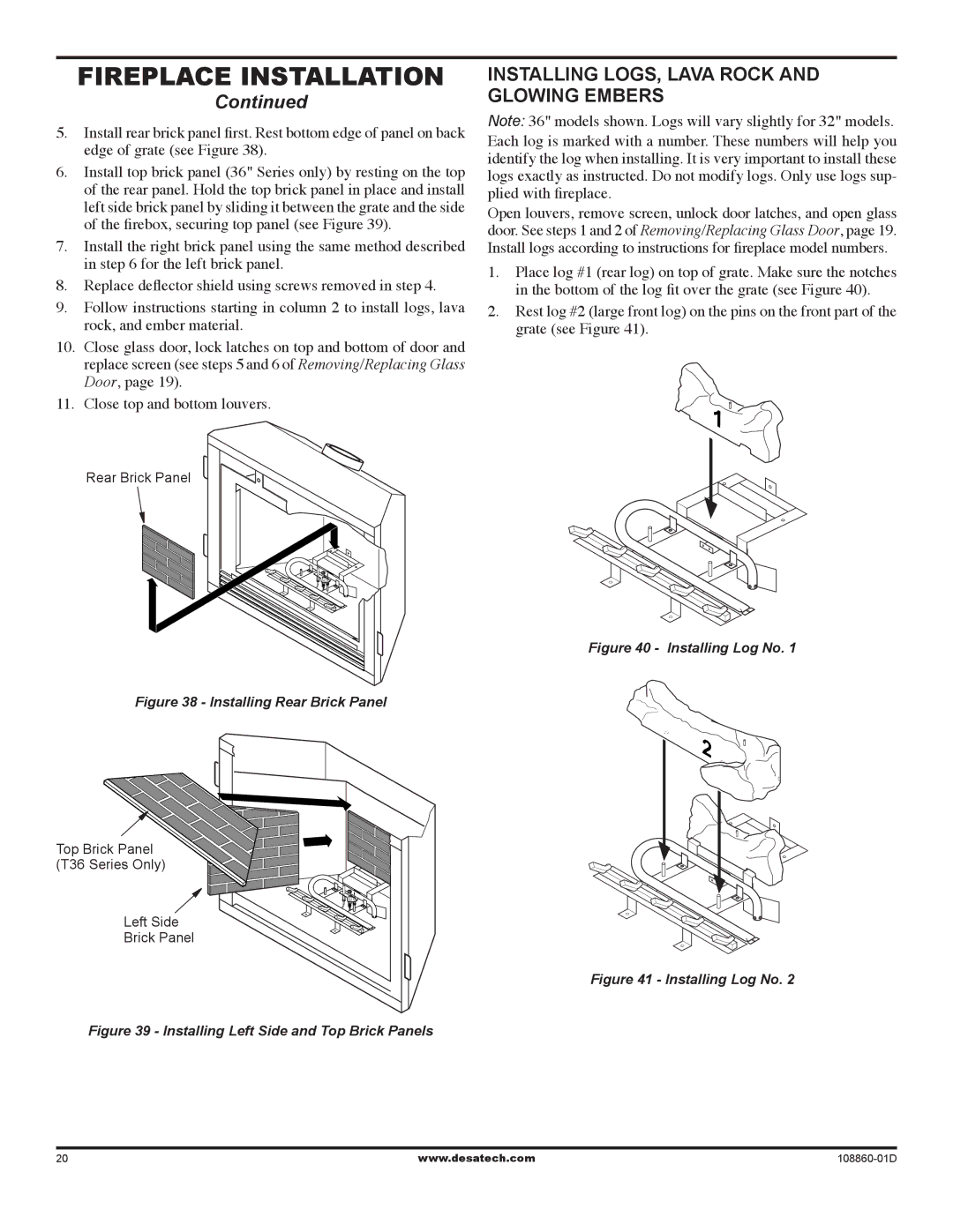 Desa (V)T32EN installation manual Installing logs, lava rock and glowing embers, Installing Log No 