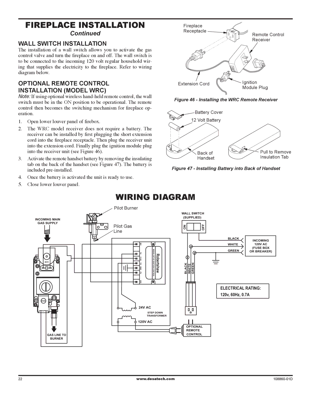 Desa (V)T32EN installation manual Wiring Diagram, Wall Switch Installation, Optional Remote control Installation model WRC 