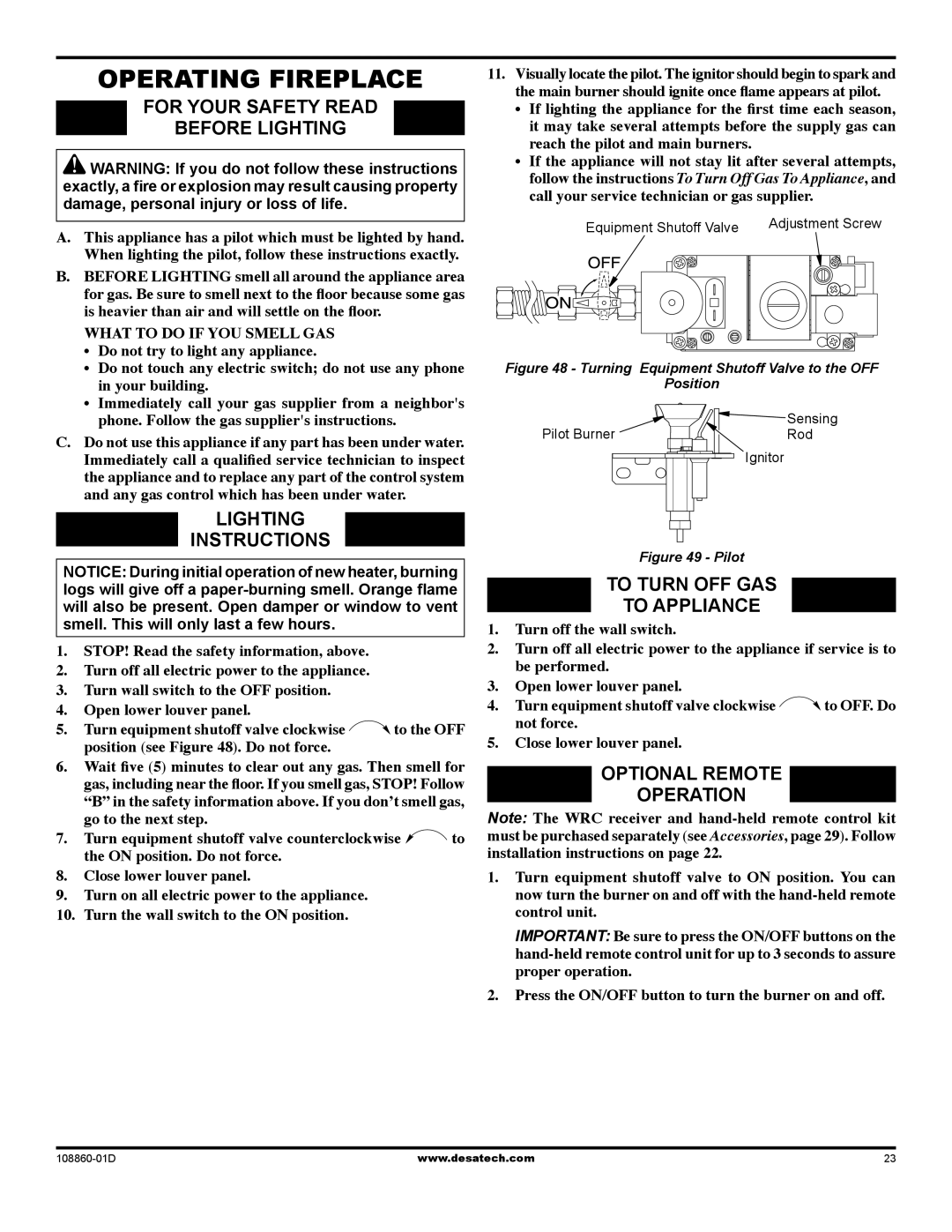 Desa (V)T32EN Operating Fireplace, For your safety read Before lighting, Lighting Instructions, Optional Remote Operation 