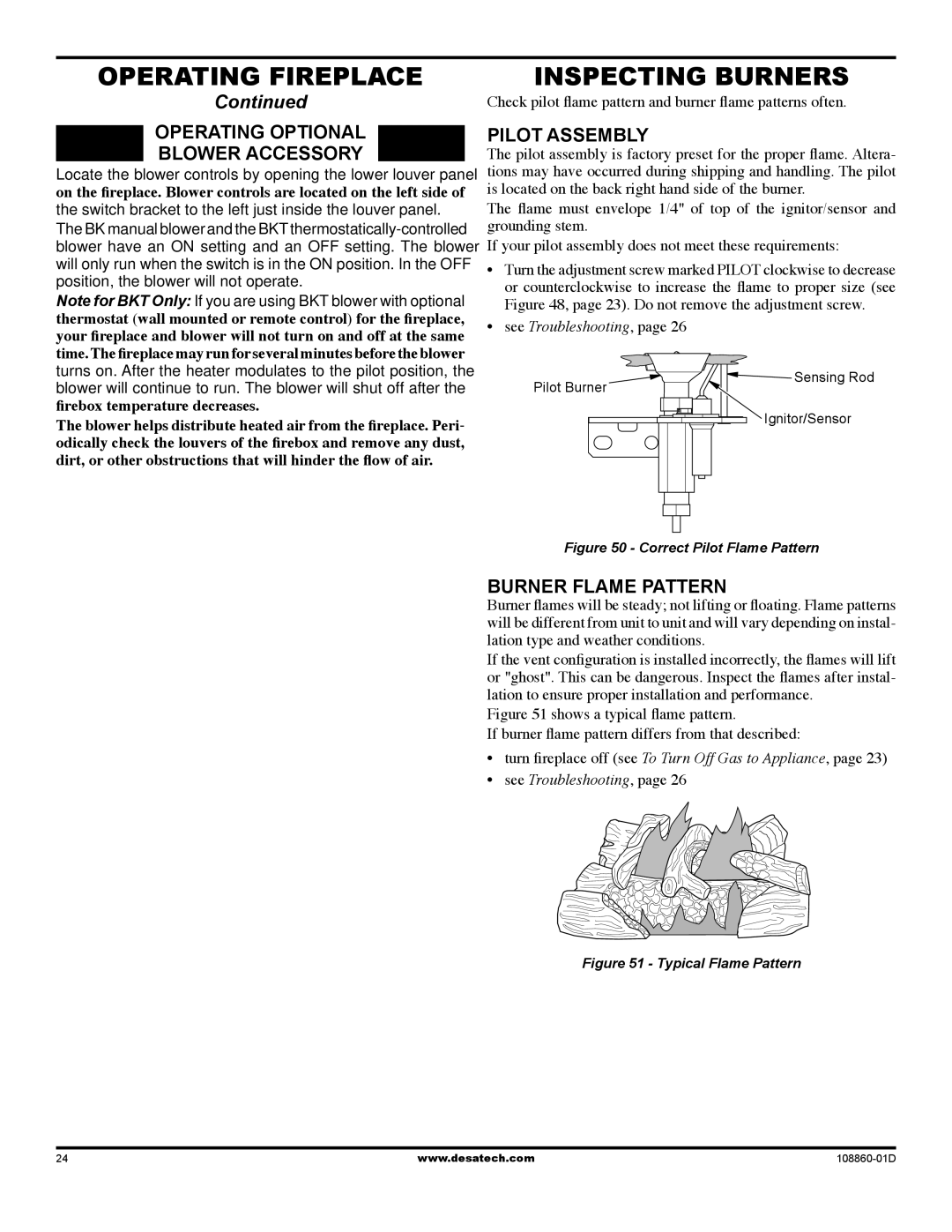 Desa (V)T32EN Inspecting Burners, Operating optional Blower accessory, Pilot assembly, Burner Flame Pattern 