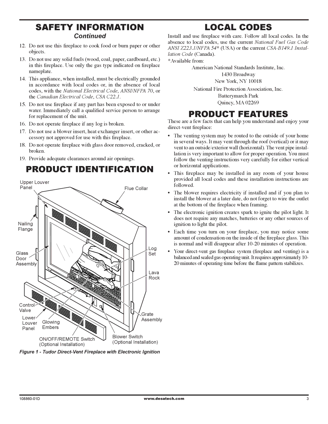 Desa (V)T32EN installation manual Product Identification, Local Codes, Product Features 