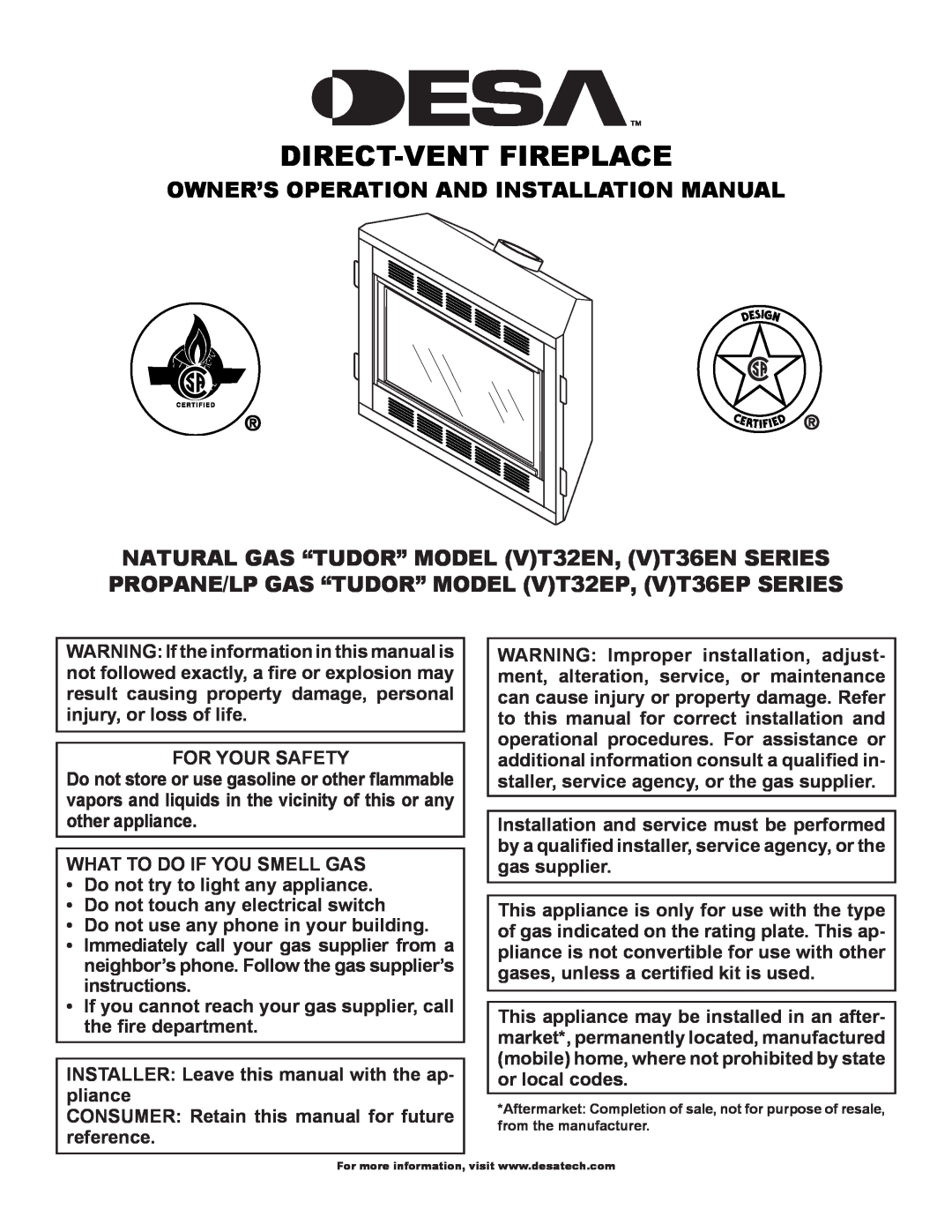 Desa (V)T32EN installation manual Owner’S Operation And Installation Manual, Direct-Vent Fireplace 