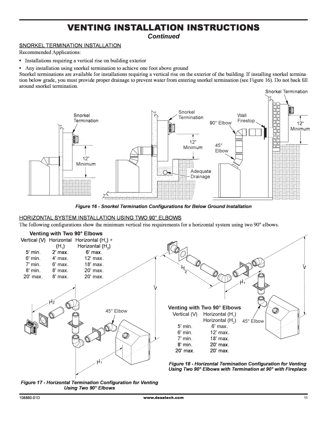 Desa (V)T32EN Venting Installation instructions, Continued, Recommended Applications, Venting with Two 90 Elbows 