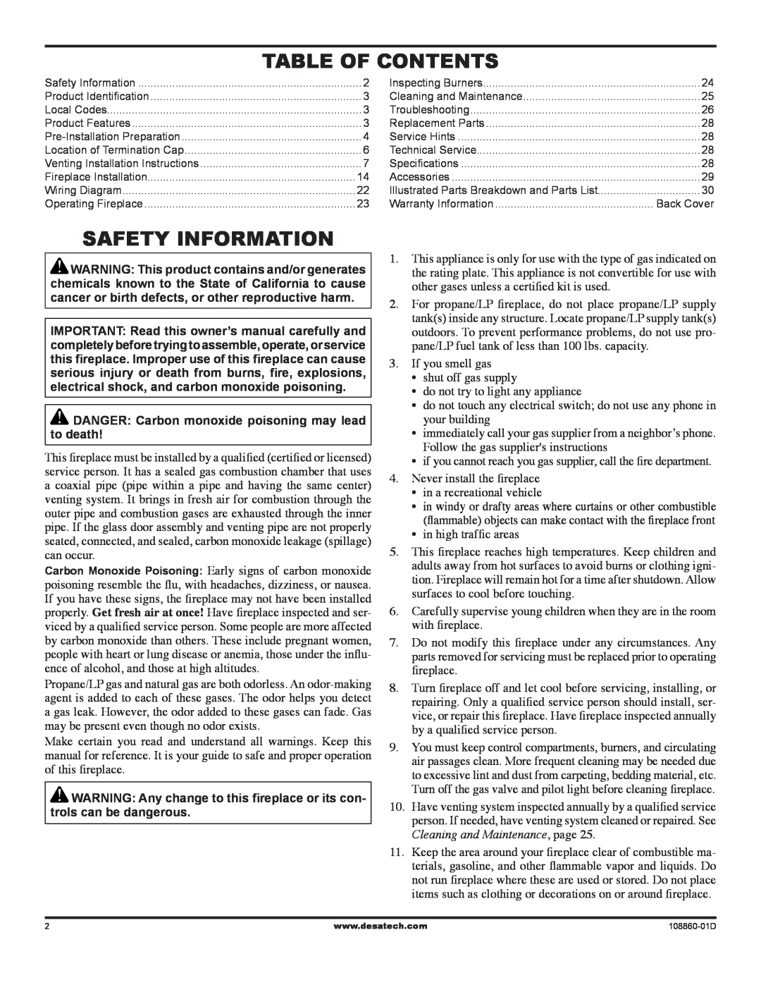 Desa (V)T32EN installation manual Table of Contents, Safety Information, DANGER Carbon monoxide poisoning may lead to death 