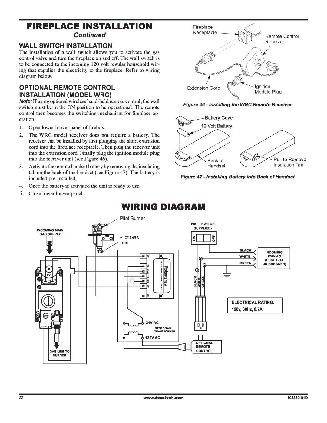 Desa (V)T32EN installation manual Wiring Diagram, Fireplace Installation, Continued, Wall Switch Installation 