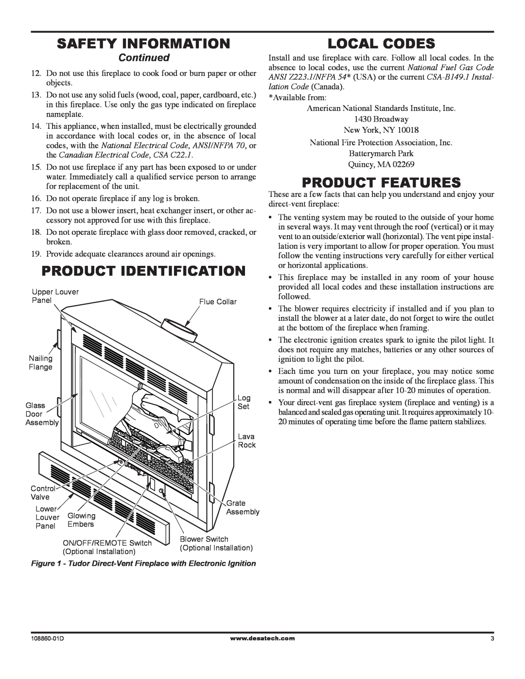 Desa (V)T32EN installation manual Safety information, Product Identification, Local Codes, Product Features, Continued 