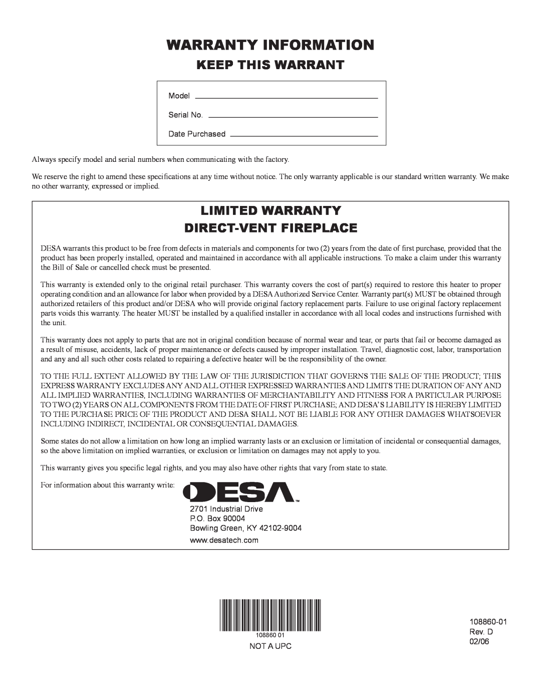 Desa (V)T32EN installation manual Warranty Information, Keep This Warrant, Limited Warranty Direct-Vent Fireplace 
