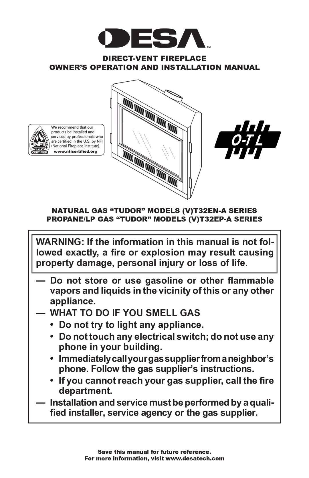 Desa (V)T32EP-A SERIES, (V)T32EN-A SERIES installation manual What to do if YOU Smell GAS 