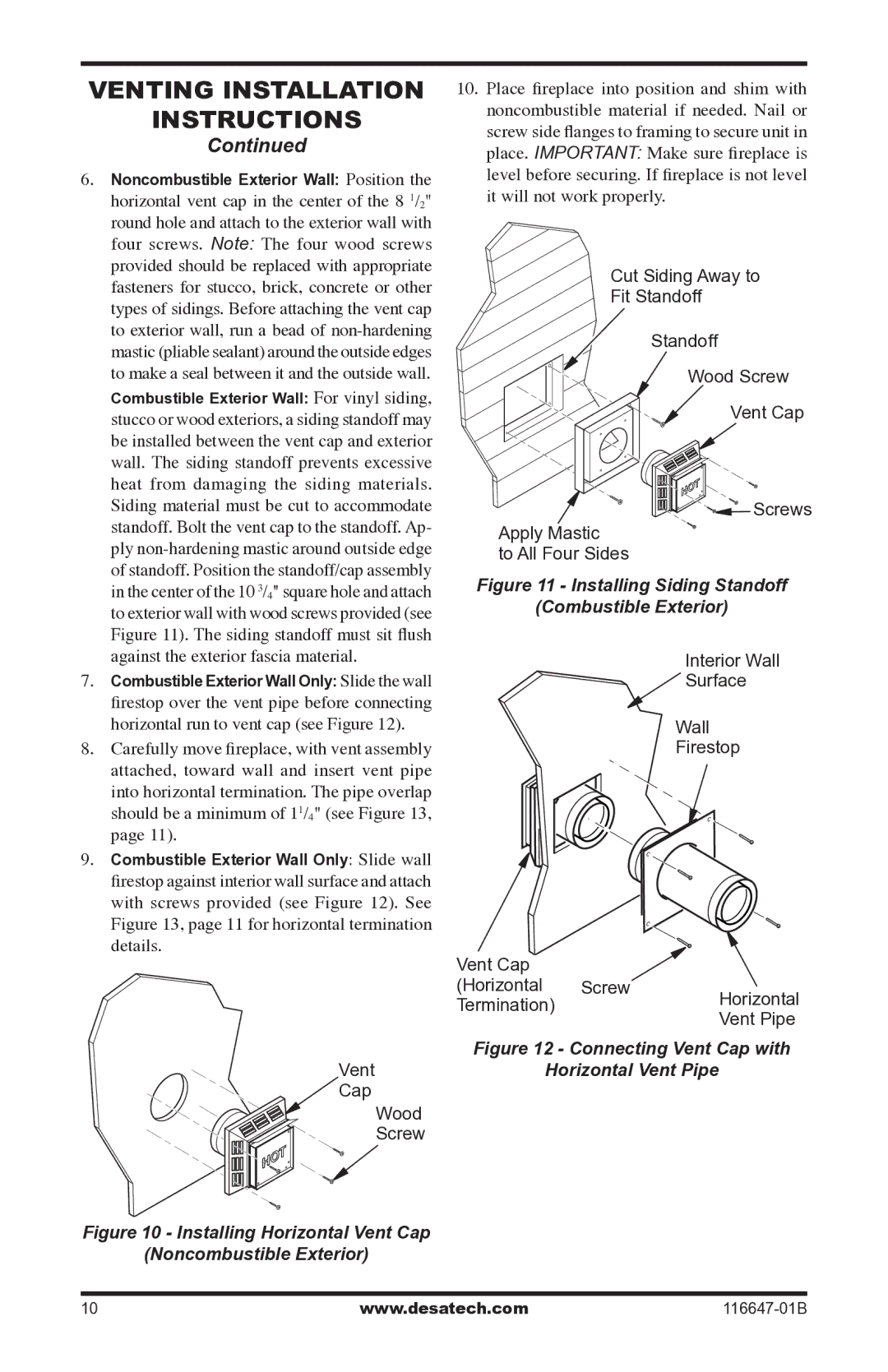 Desa (V)T32EP-A SERIES, (V)T32EN-A SERIES installation manual Vent Cap Wood Screw, Noncombustible Exterior 