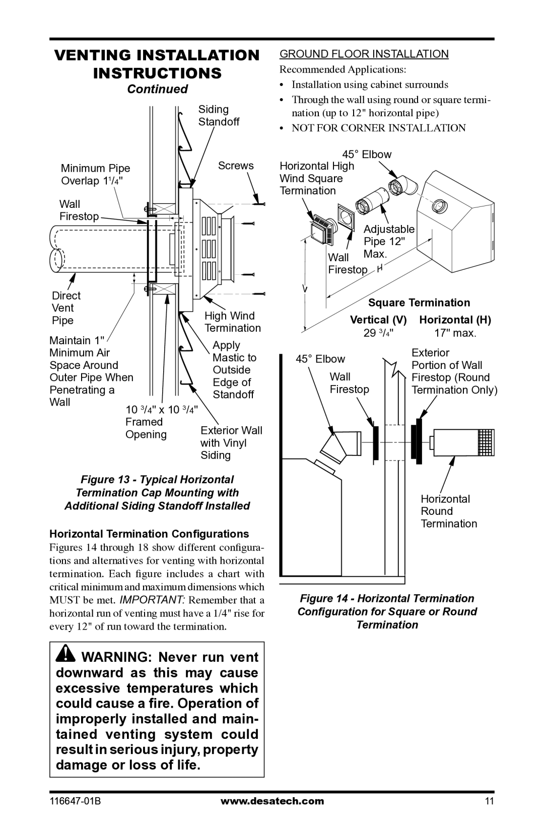 Desa (V)T32EP-A SERIES, (V)T32EN-A SERIES installation manual Venting Installation, Square Termination, Horizontal H 