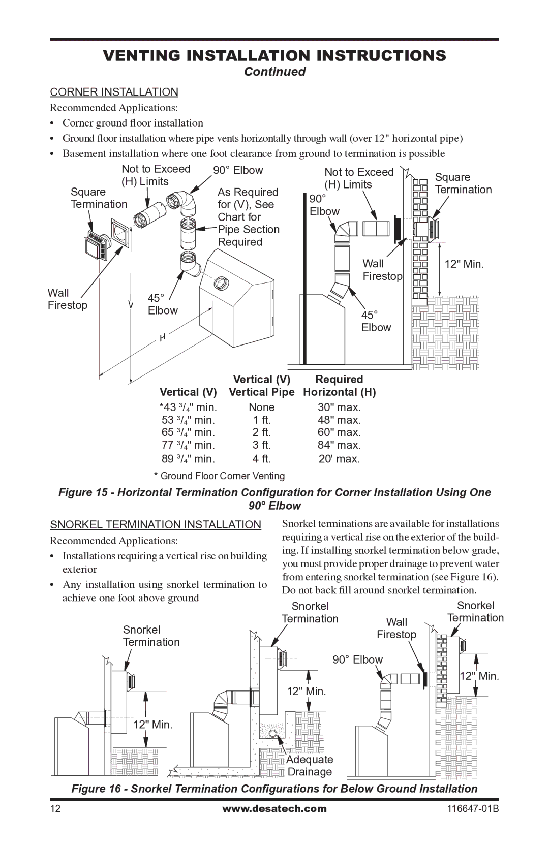 Desa (V)T32EP-A SERIES, (V)T32EN-A SERIES Wall Firestop Elbow, 43 3/4 min None, 53 3/4 min, 65 3/4 min, 77 3/4 min 