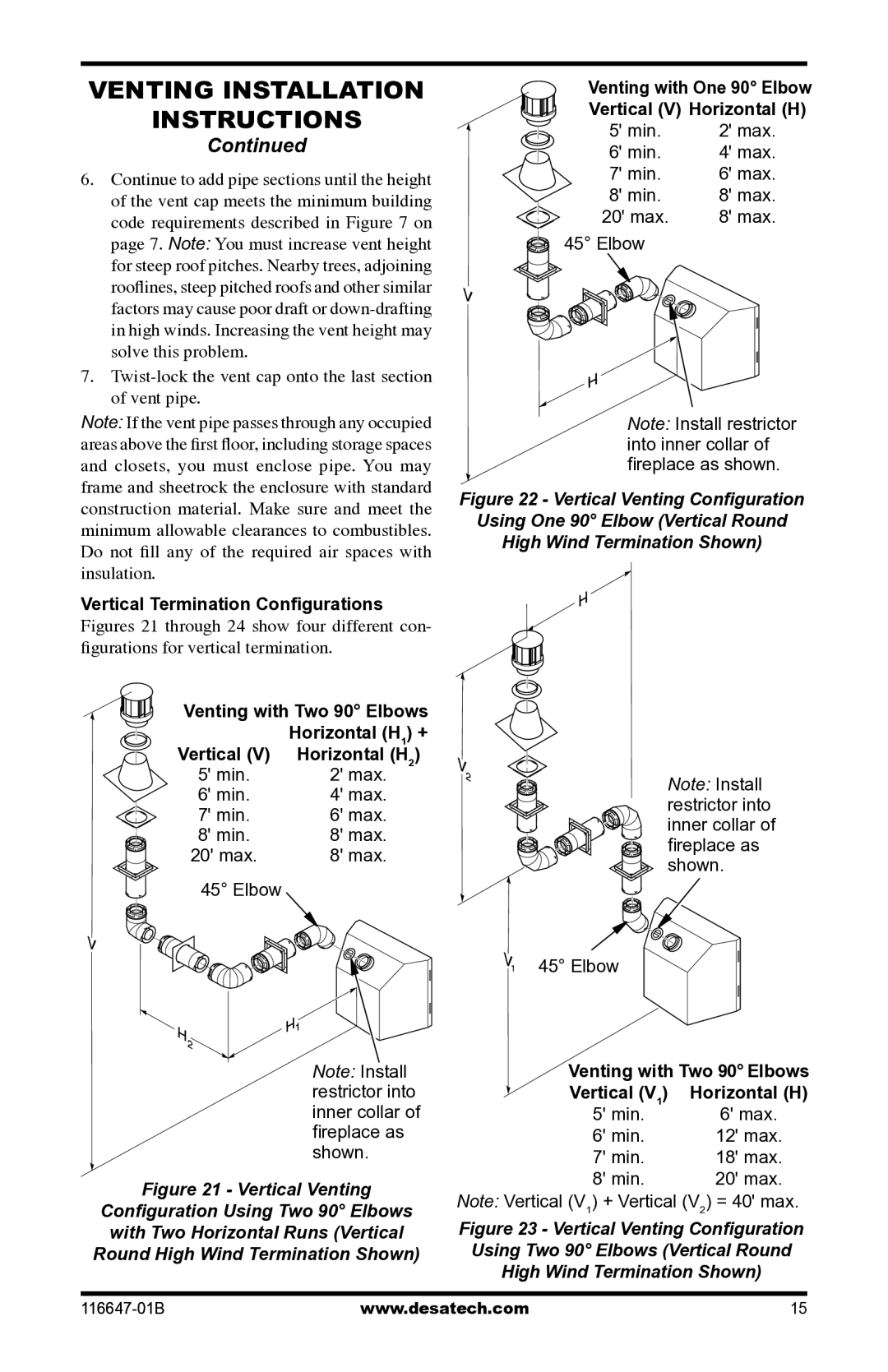 Desa (V)T32EP-A SERIES, (V)T32EN-A SERIES Min Max 20 max Elbow, Venting with One 90 Elbow Vertical V Horizontal H 