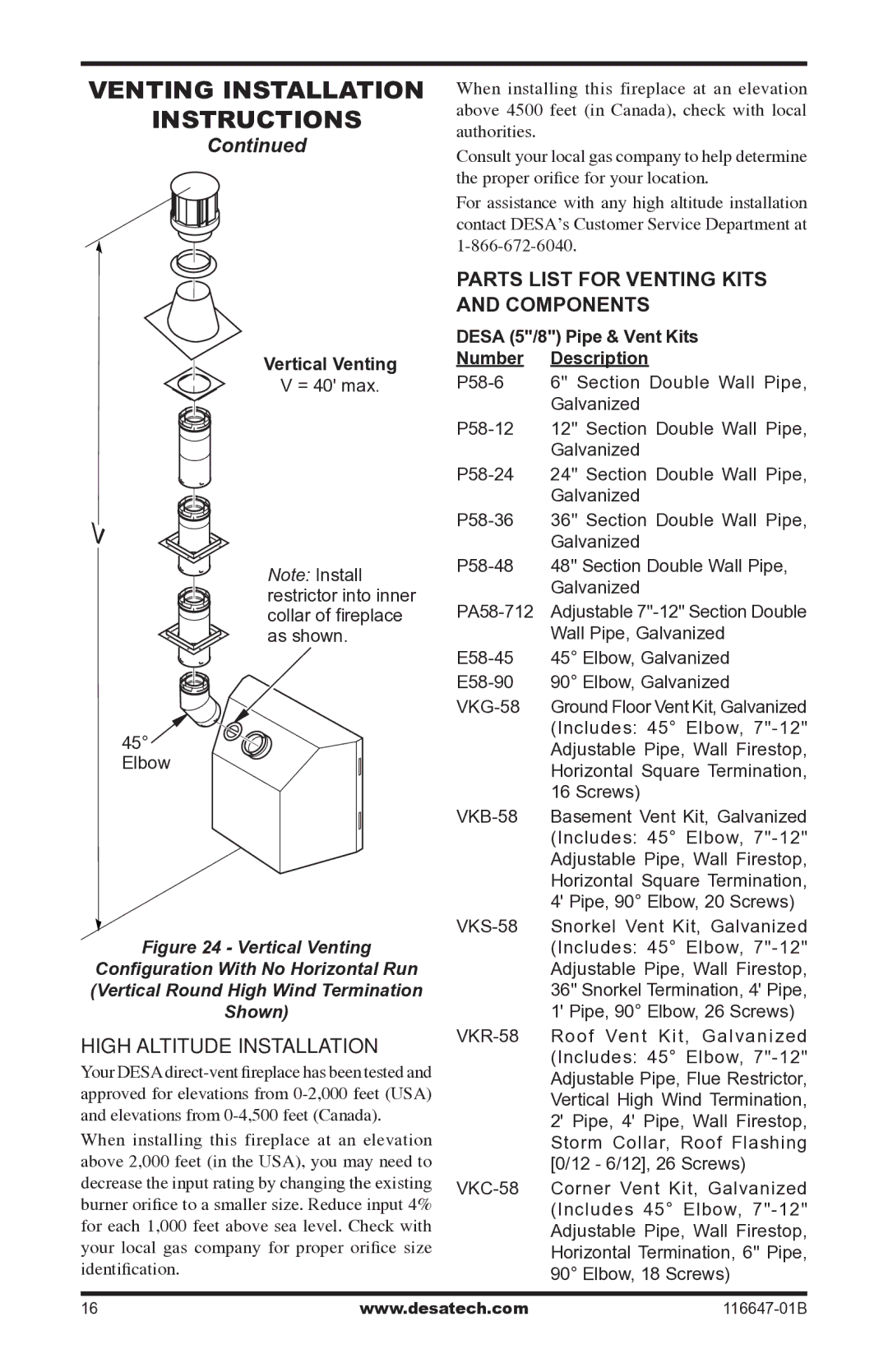 Desa (V)T32EP-A SERIES, (V)T32EN-A SERIES High Altitude Installation, Parts list for venting kits and components 