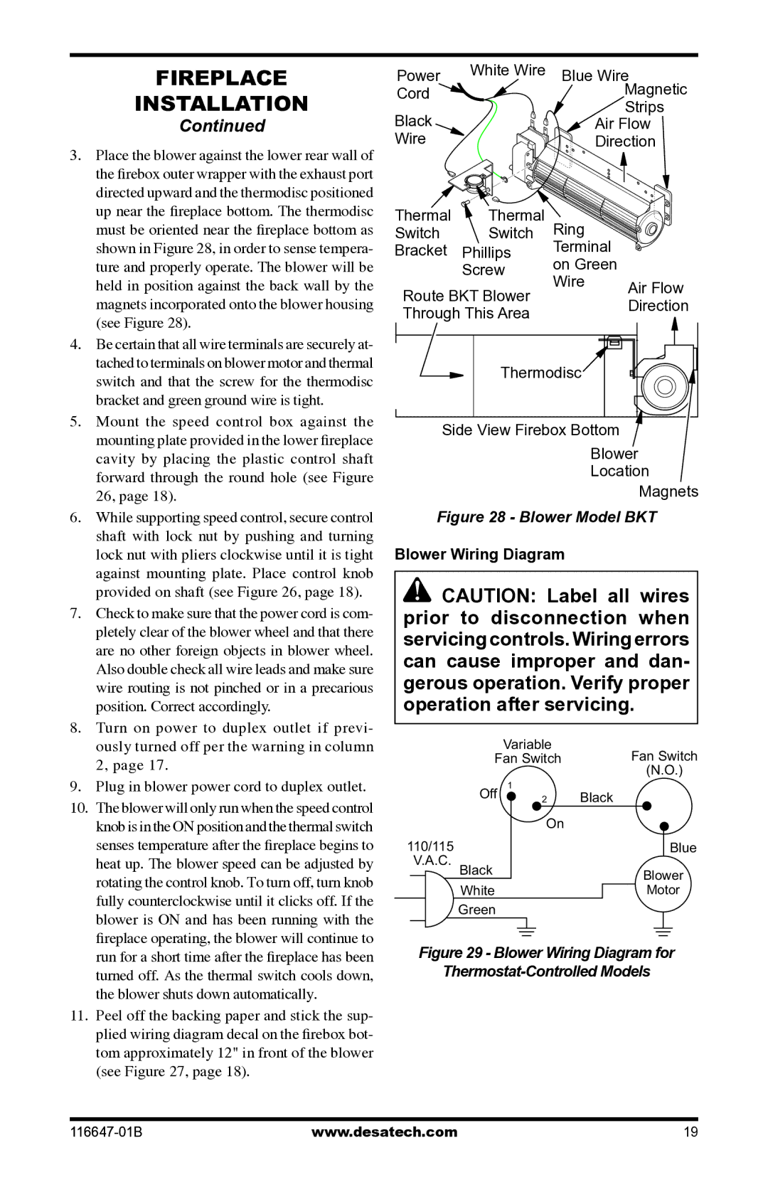 Desa (V)T32EP-A SERIES, (V)T32EN-A SERIES installation manual Blower Model BKT, Blower Wiring Diagram 