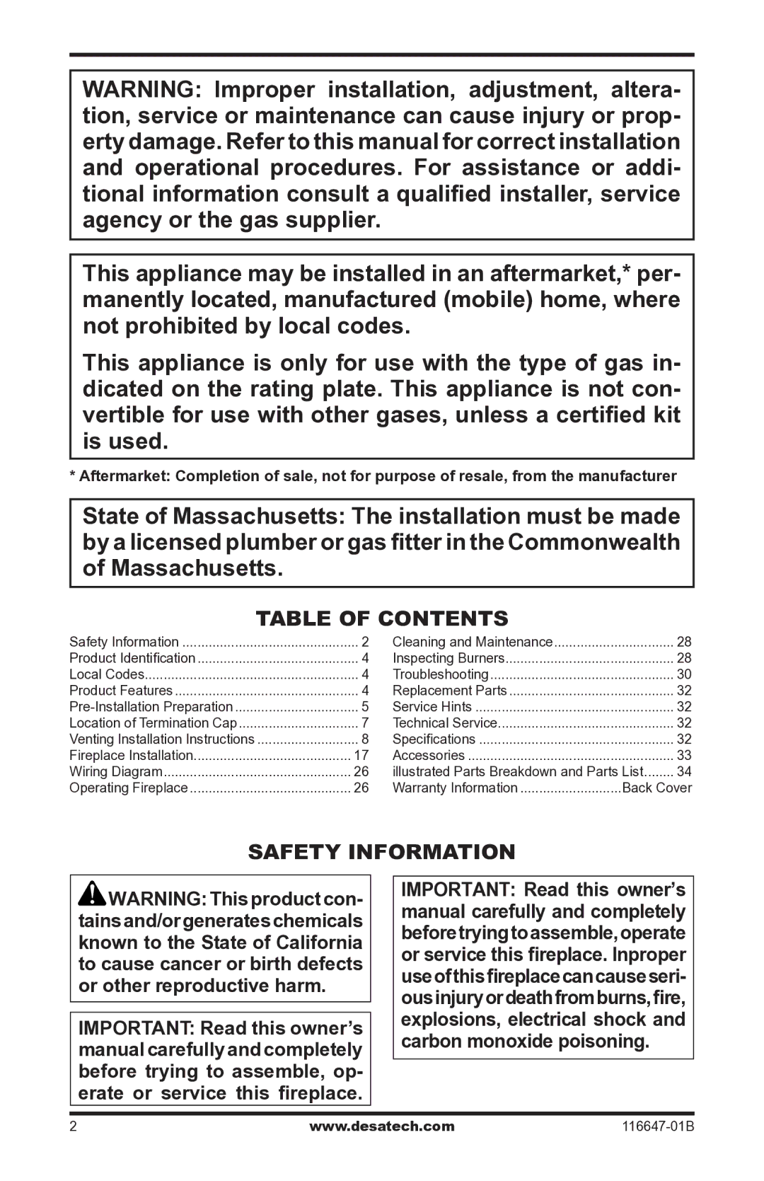 Desa (V)T32EP-A SERIES, (V)T32EN-A SERIES installation manual Table of Contents, Safety Information 