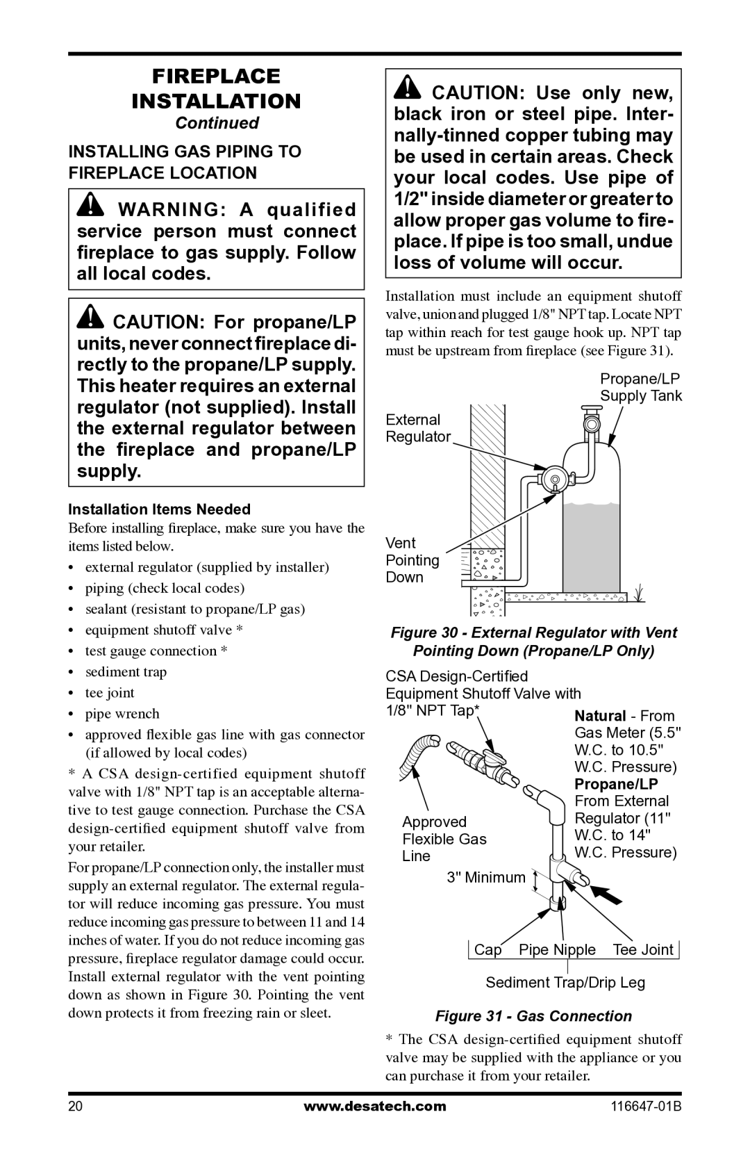 Desa (V)T32EP-A SERIES, (V)T32EN-A SERIES Installing Gas Piping to Fireplace Location, Installation Items Needed 