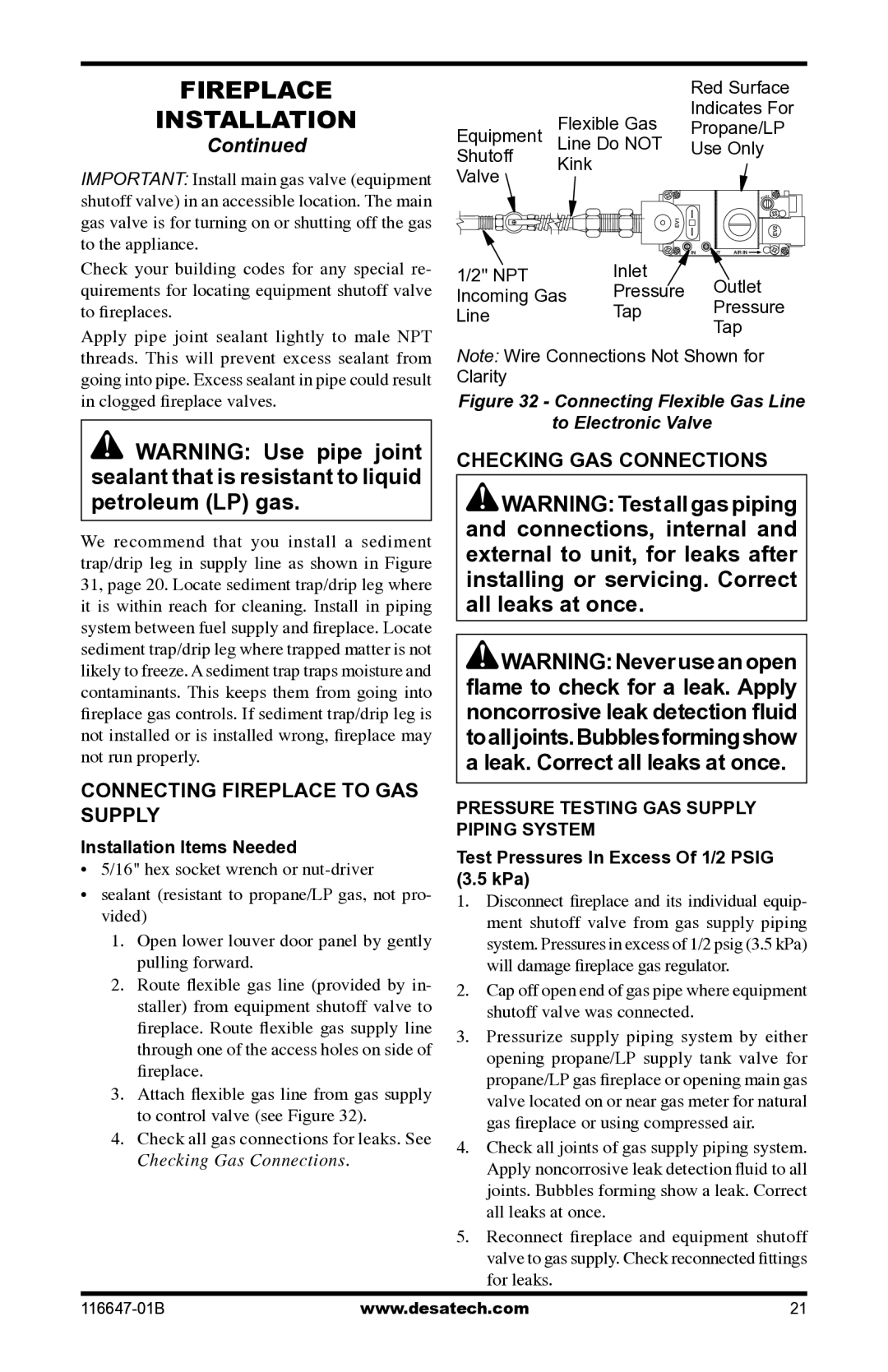 Desa (V)T32EP-A SERIES, (V)T32EN-A SERIES Connecting Fireplace to GAS Supply, Checking GAS Connections, Red Surface 