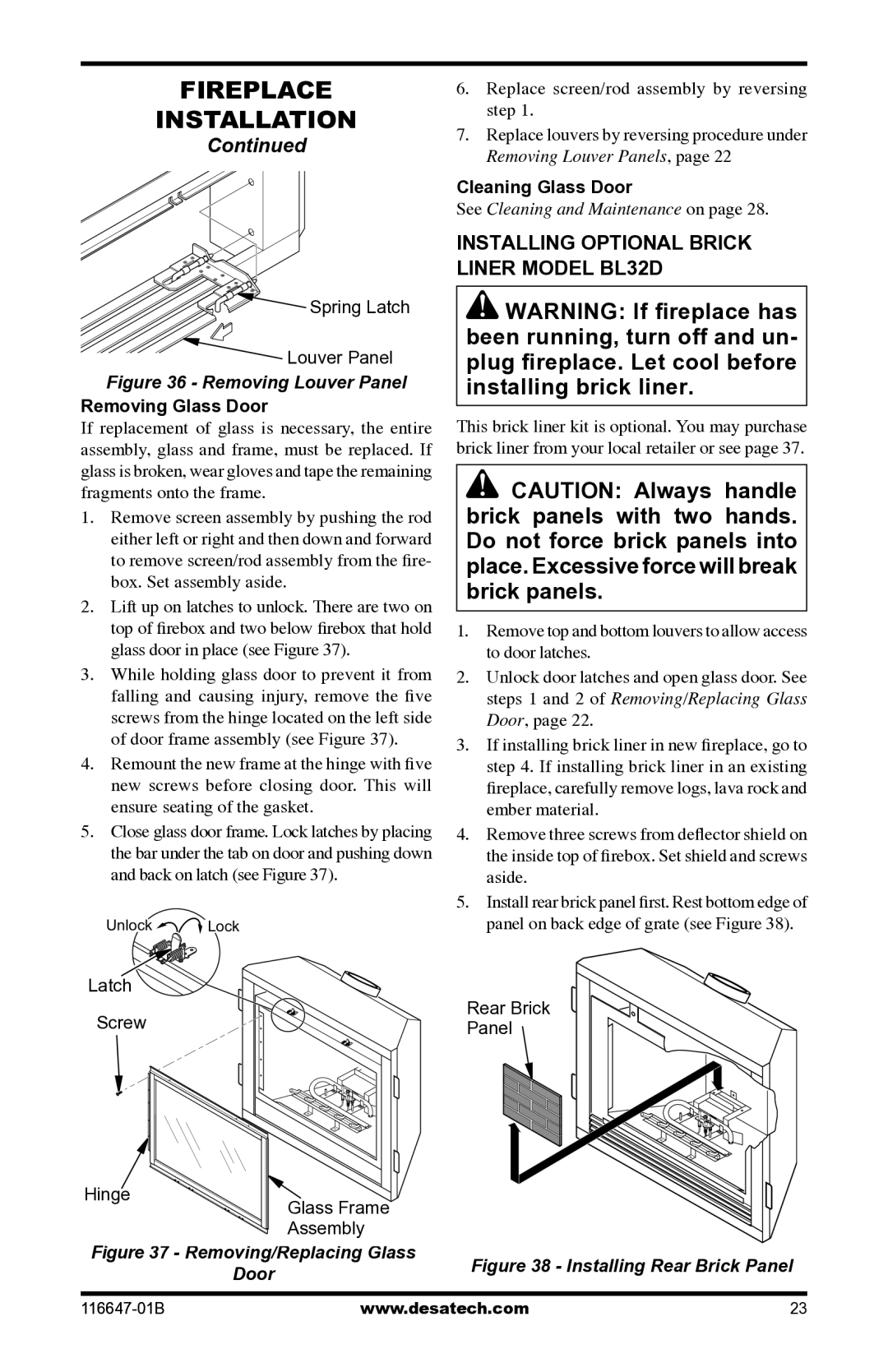 Desa (V)T32EP-A SERIES, (V)T32EN-A SERIES Installing Optional Brick liner Model BL32D, Removing Glass Door 