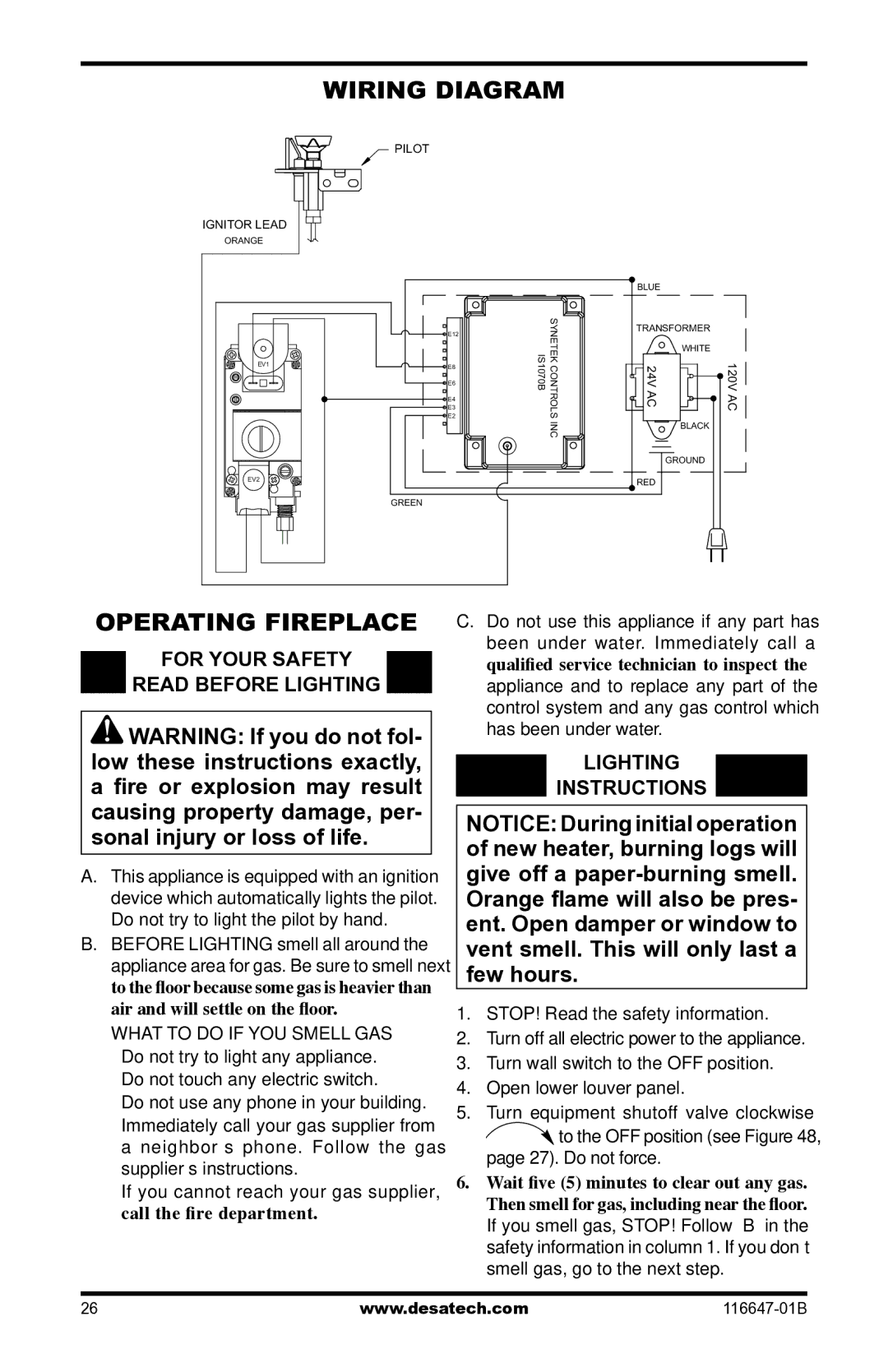 Desa (V)T32EP-A SERIES, (V)T32EN-A SERIES Wiring Diagram, Operating Fireplace, For Your Safety Read Before Lighting 