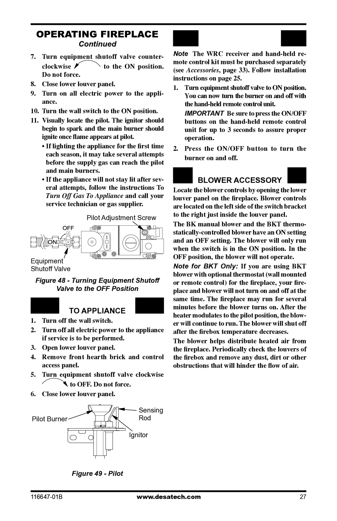 Desa (V)T32EP-A SERIES, (V)T32EN-A SERIES installation manual To Turn OFF GAS To Appliance, Optional Remote Operation 