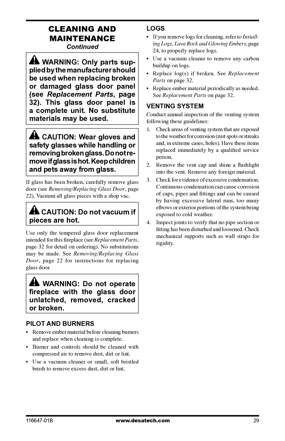 Desa (V)T32EP-A SERIES, (V)T32EN-A SERIES installation manual Pilot and burners, Logs, Venting system 